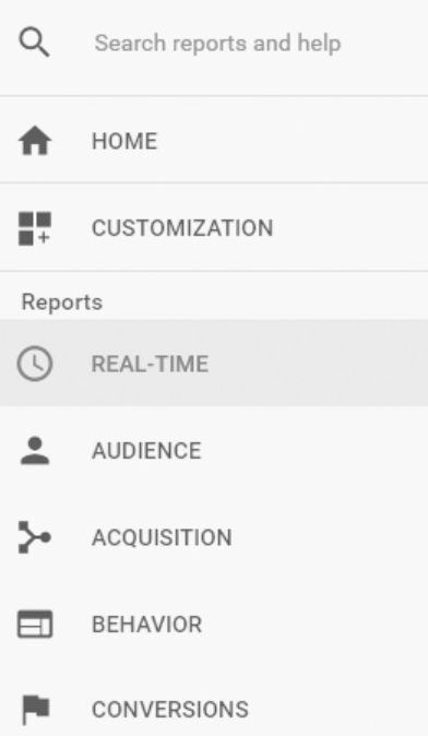 La barre latérale de google analytics avec le bouton en temps réel en surbrillance