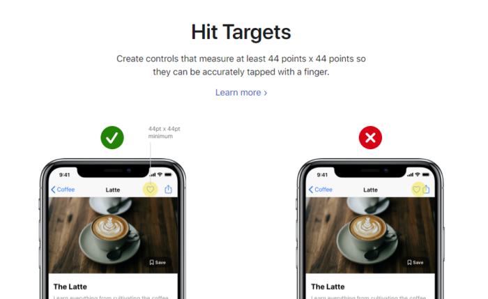 Suggestion d'Apple pour les tailles de CTA.