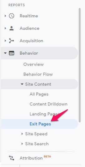 La barre latérale de Google Analytics avec le bouton des pages de sortie en surbrillance.