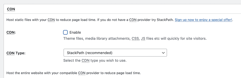La sezione CDN delle impostazioni generali di W3 Total Cache.