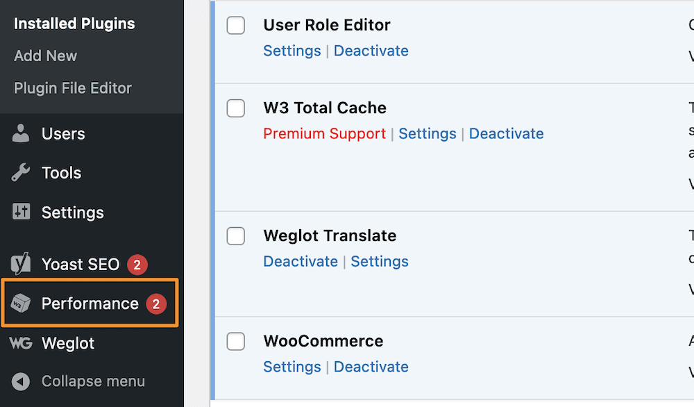 Il collegamento Prestazioni nella dashboard di WordPress.