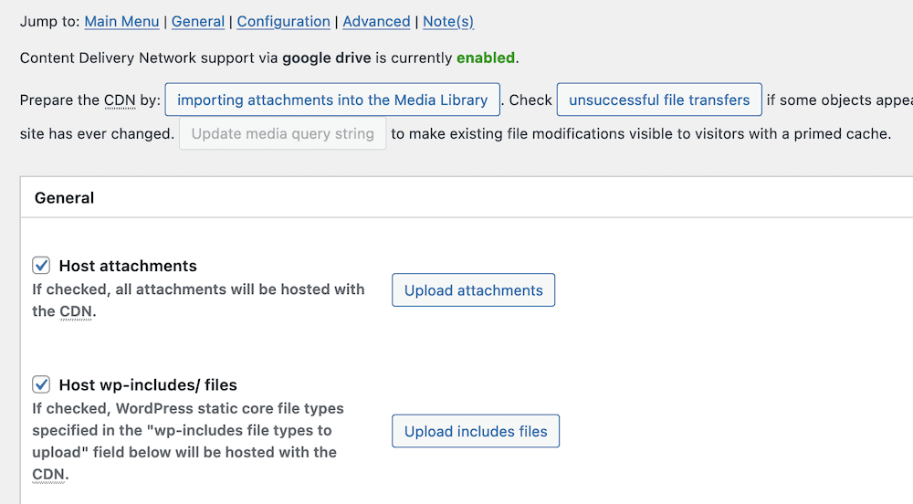 Le opzioni CDN dedicate all'interno di W3 Total Cache.