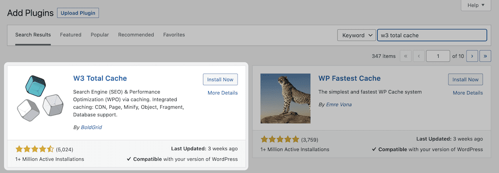 La schermata Aggiungi plugin di WordPress, che evidenzia il plugin W3 Total Cache.