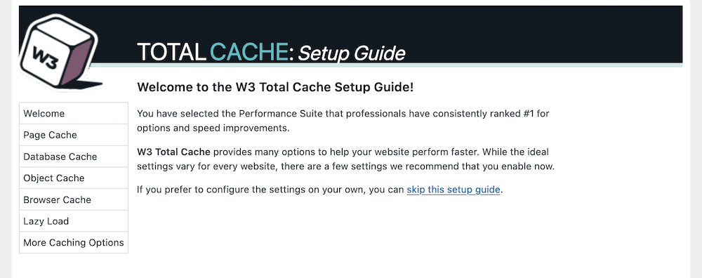La schermata della Guida all'installazione di W3 Total Cache.