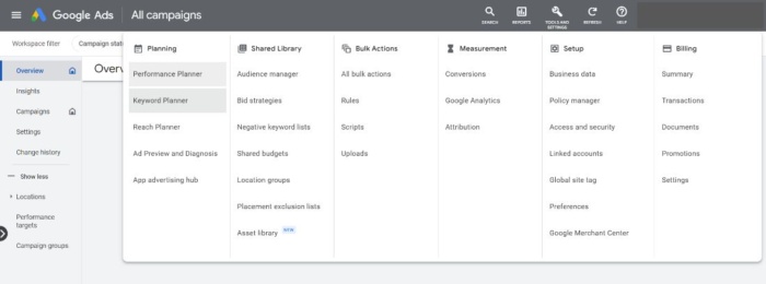 Google Ads 的所有廣告系列頁面。