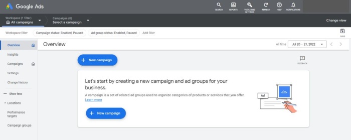 Google Ads 創建廣告系列頁面。