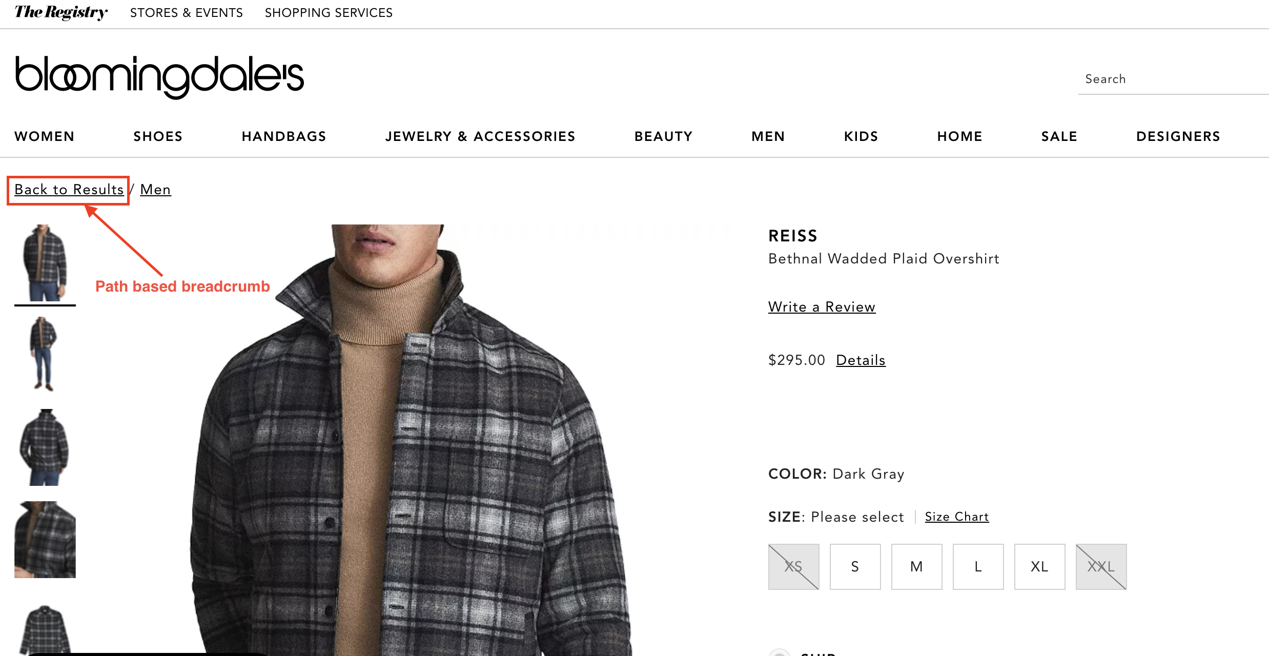 مثال على التنقل عبر مسار التنقل المستند إلى المسار على موقع Bloomingdales الإلكتروني