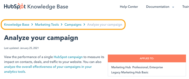 مثال على مسارات التنقل الهرمية من HubSpot Knowledge Base
