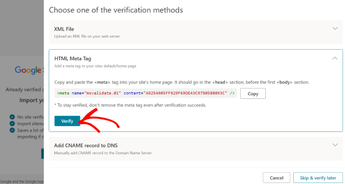 Vérifiez votre site après avoir saisi la balise META Verify your site after entering meta tag