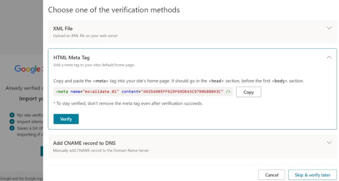 Différentes méthodes pour vérifier votre site Different methods for verifying your site