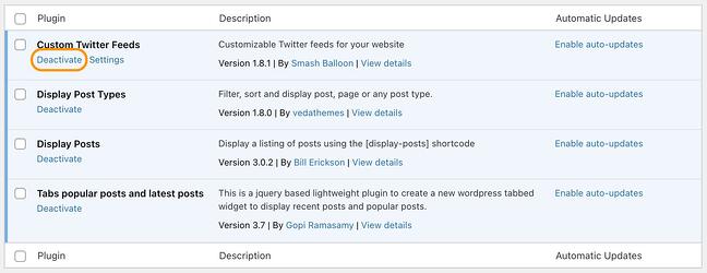 bir wordpress sitesindeki aktif eklentilerin listesi ve bir http 500 dahili sunucu hatasını çözmek için bir devre dışı bırakma düğmesi