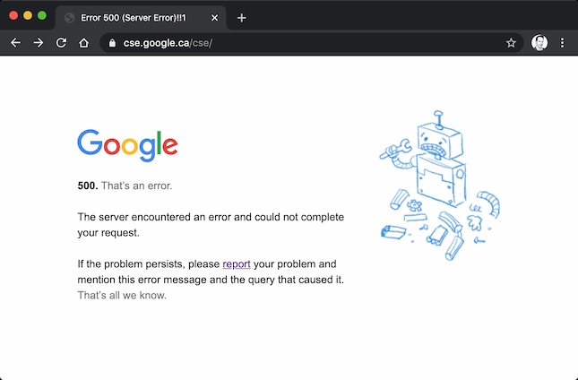 HTTP hatası 500 örneği: Google