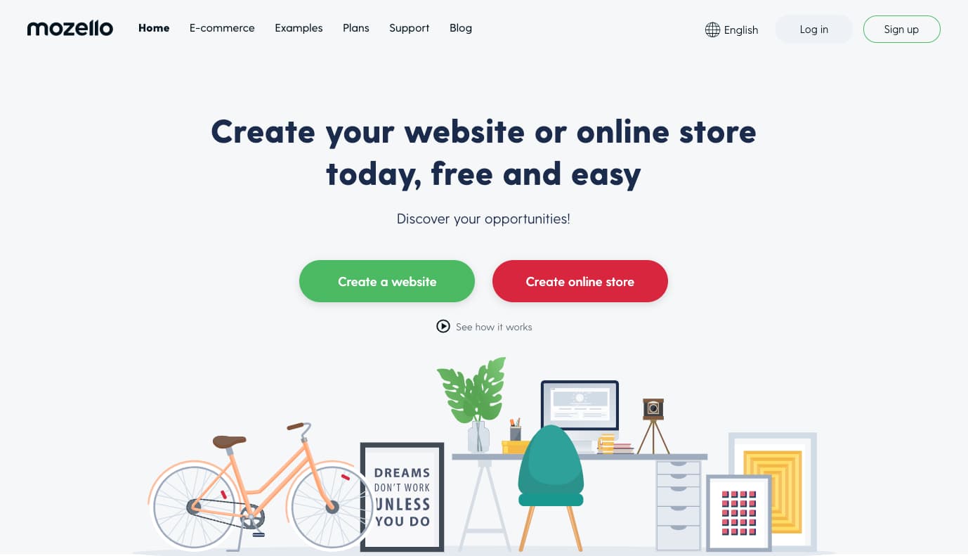 Mozello의 무료 웹사이트 빌더 홈페이지.