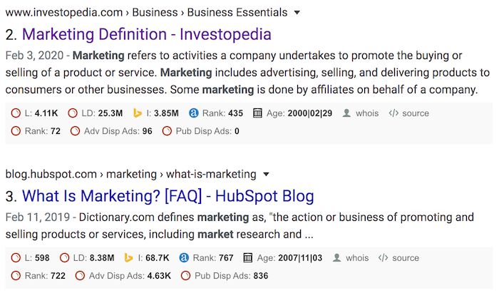 Ikhtisar SERP alat ekstensi SEO Chrome SEOquake.