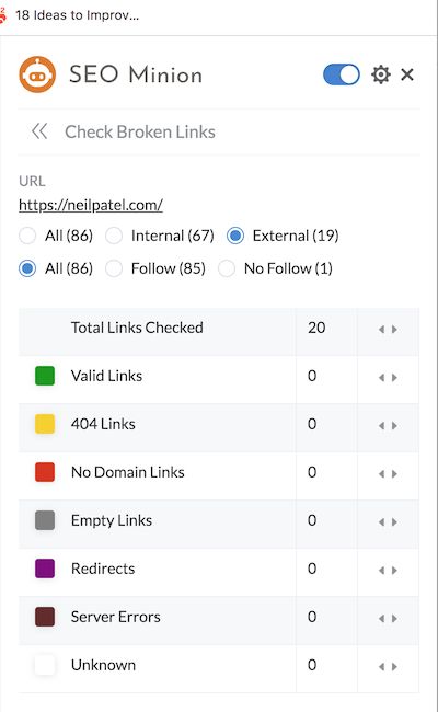Laporan tautan alat ekstensi Chrome SEO Minion.