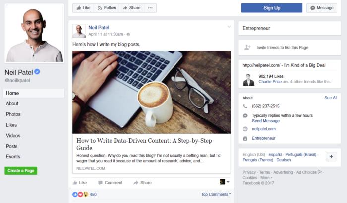 يروج نيل باتيل لمدونته على Facebook.