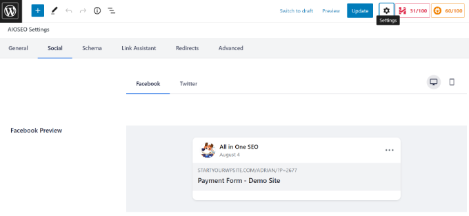 معاينة AIOSEO Facebook Add social image in content editor