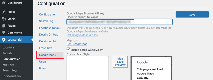 Вставьте свой ключ API Карт Google