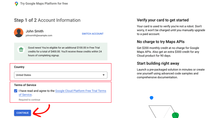 Примите Условия использования Google Карт