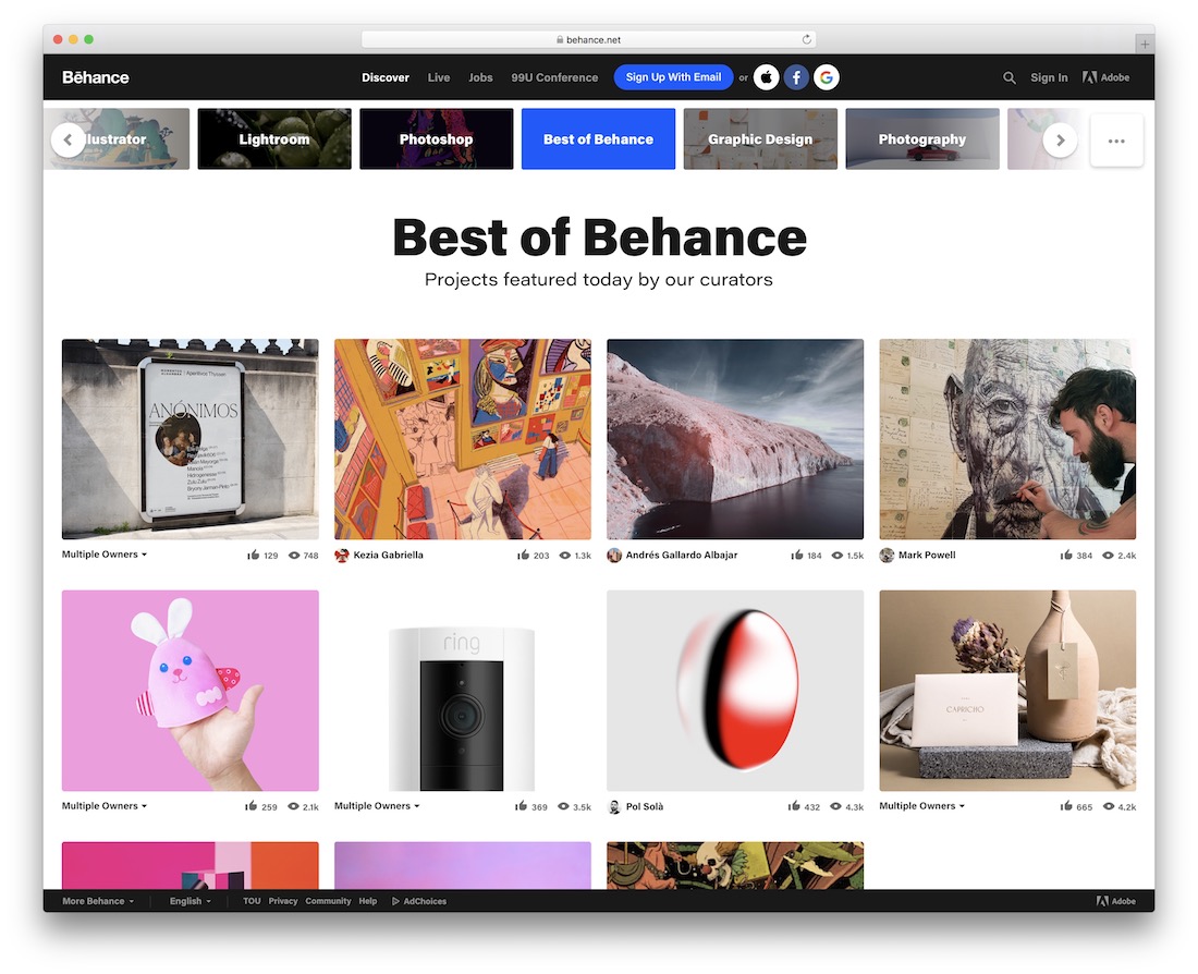 behance 쇼케이스 및 인스피라톤 웹 디자인