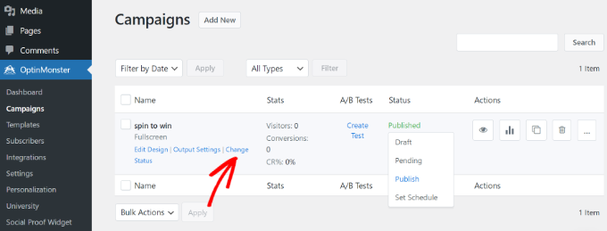 Campanhas OptinMonster no WordPress Change status of your campaign