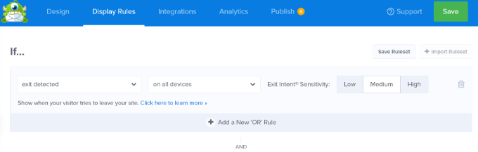 Regras de exibição Add exit intent display rules