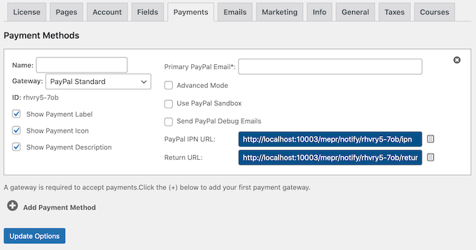 Configurando um gateway do PayPal