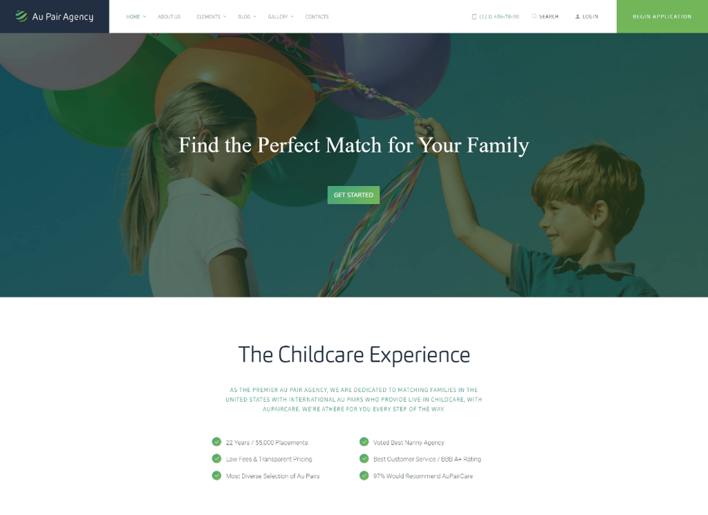 Au Pair - Tema WordPress de agência de babá e babá