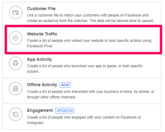 Faceți clic pe butonul „Trafic pe site-ul web” din Meta Business Manager pentru a crea direcționarea personalizată a publicului pe Facebook.