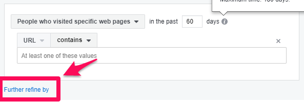 Faceți clic pe „Rafinați în continuare după” când creați un public țintă personalizat pe Facebook.