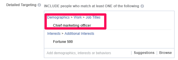 Includeți anumite titluri de post, cum ar fi „Ofițer șef de marketing”, atunci când vă scufundați în direcționarea personalizată a publicului pe Facebook.