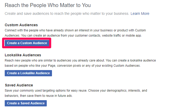 Faceți clic pe butonul „Creați o audiență personalizată” din Meta Business Manager pentru a crea direcționarea personalizată a publicului pe Facebook.
