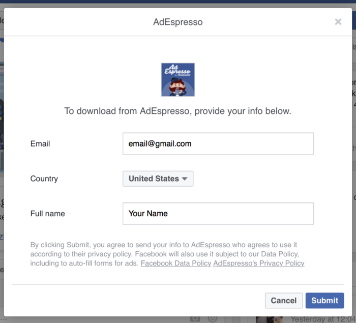AdEspresso folosește reclame bazate pe clienți potențiali pentru a captura e-mailuri, astfel încât cei care au dat clic pe anunțul lor de pe Facebook să primească ghidurile lor gratuite.