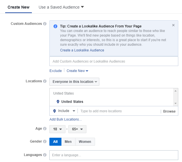 Motivul pentru care direcționarea personalizată a publicului nu funcționează pe Facebook este că Facebook oferă doar date demografice ca opțiuni principale.