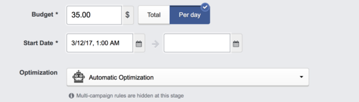 AdEspresso a cheltuit 35 USD/zi timp de 14 zile ca parte a direcționării personalizate către publicul de pe Facebook.