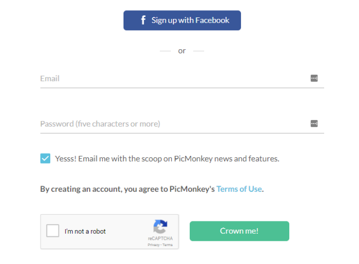 Facebook アカウントを使用して、画像編集ツール PicMonkey にサインアップします。