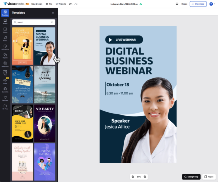 vistacreate テンプレート画面の選択