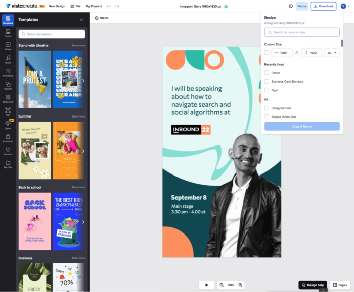 Vistacreate で Instagram ストーリーのサイズを変更します。