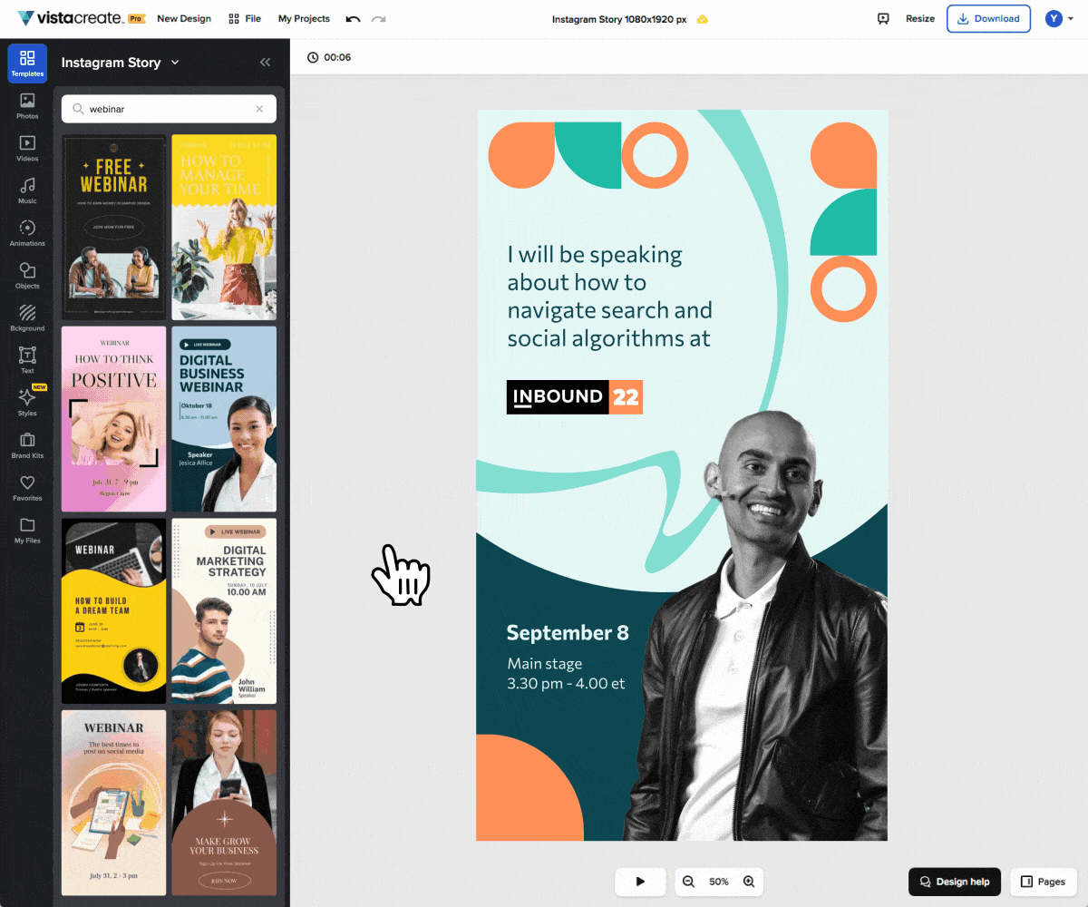 Instagram ストーリーの作成に使用されている Vistacreate の Gif。