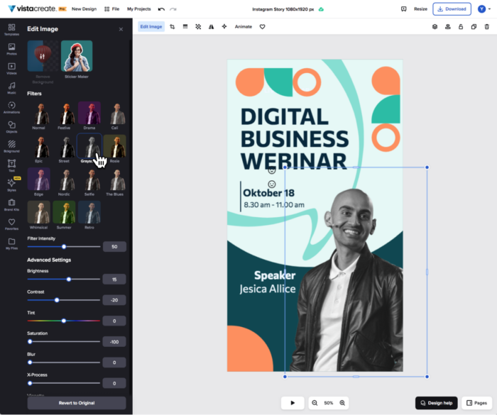 vistacreate 画像フィルターのスクリーンショット