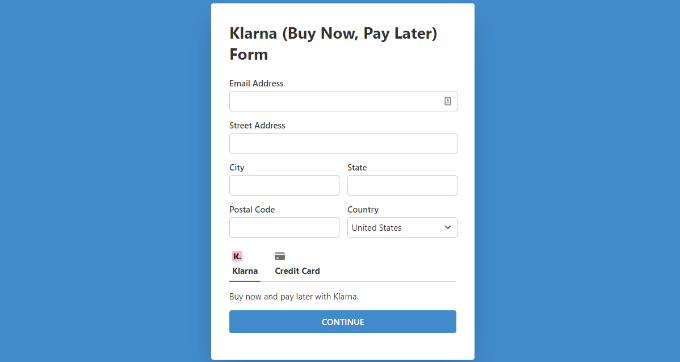نموذج الدفع Klarna معاينة الصفحة المخصصة