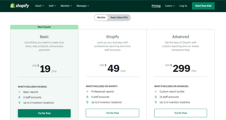 Shopify 定價計劃