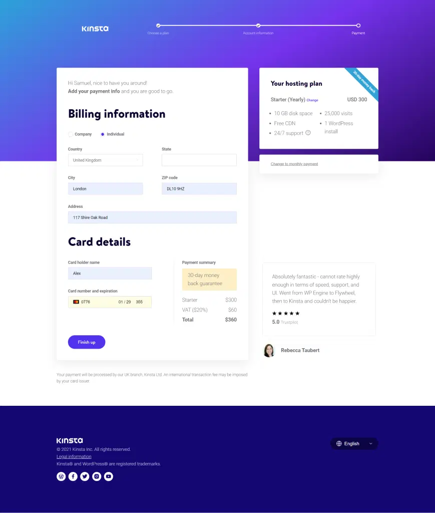 Kinsta 黑色星期五網絡星期一特賣 2022:60 天免費託管 5 Kinsta checkout