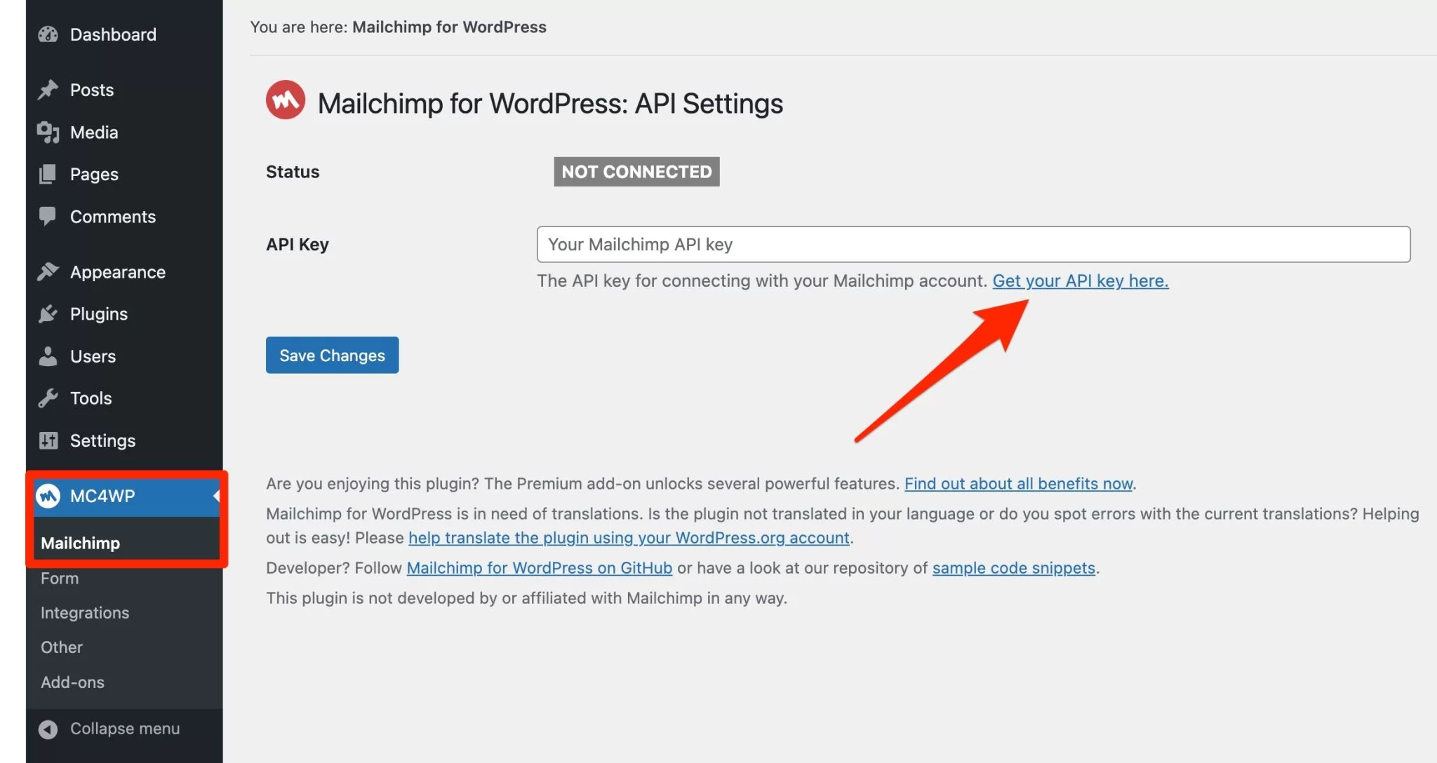 Mailchimp API キーを見つけます。