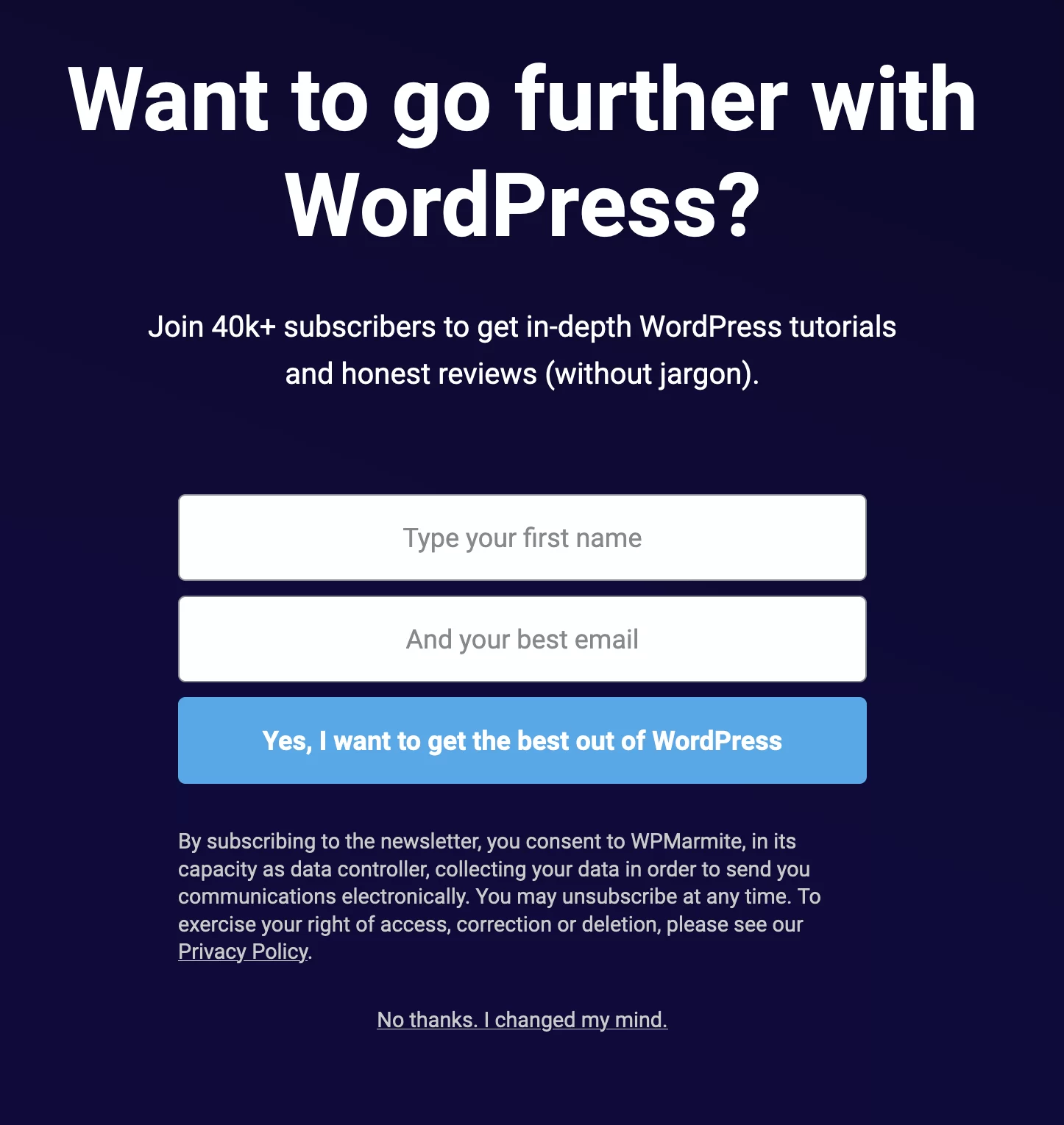 WPMarmite のニュースレターを購読するためのオプトイン フォーム。