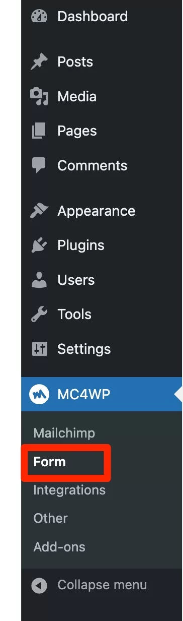 WordPress ダッシュボードの MC4WP。