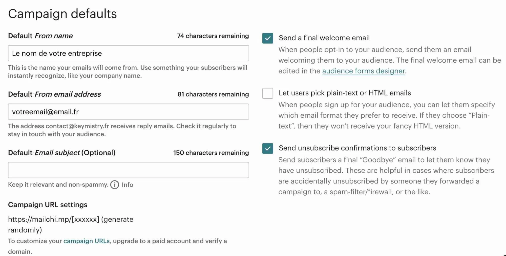 Mailchimp キャンペーンの設定。