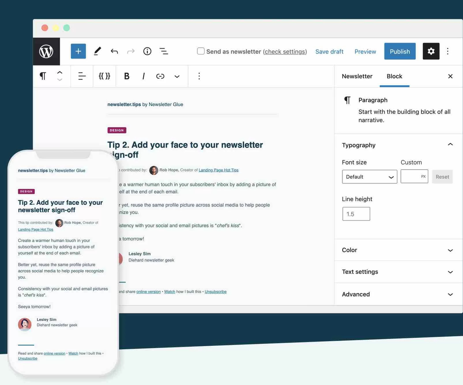 Newsletter Glue は、WordPress コンテンツ エディター インターフェイスを使用します。