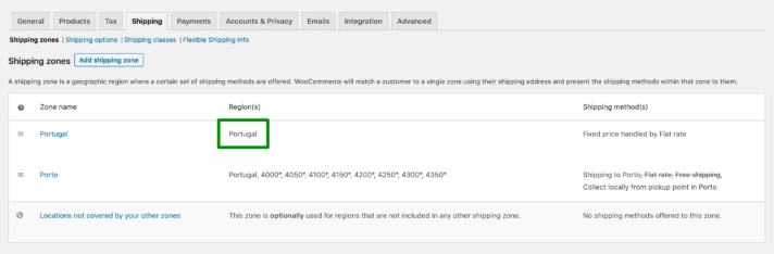 ポルトガル WooCommerce 配送ゾーン