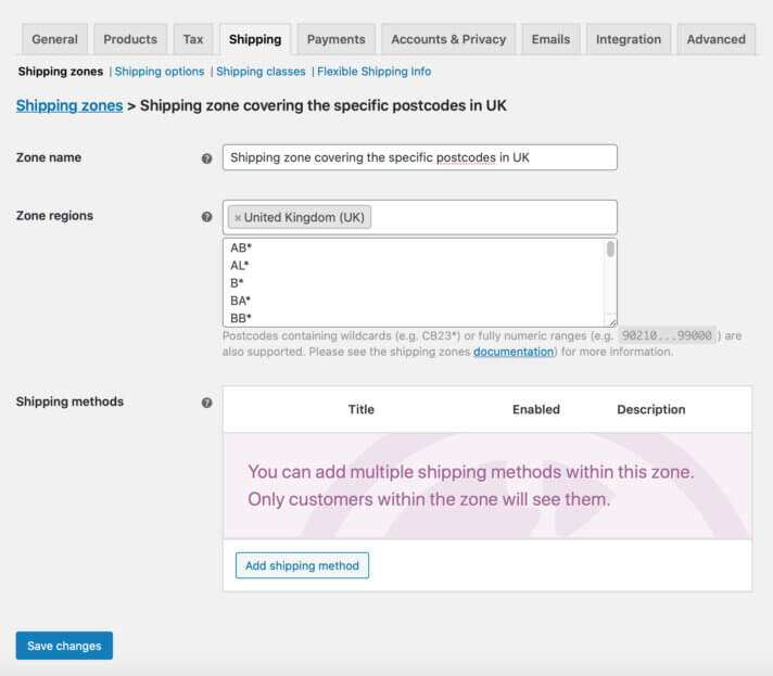 郵便番号に基づく英国 WooCommerce 配送ゾーン